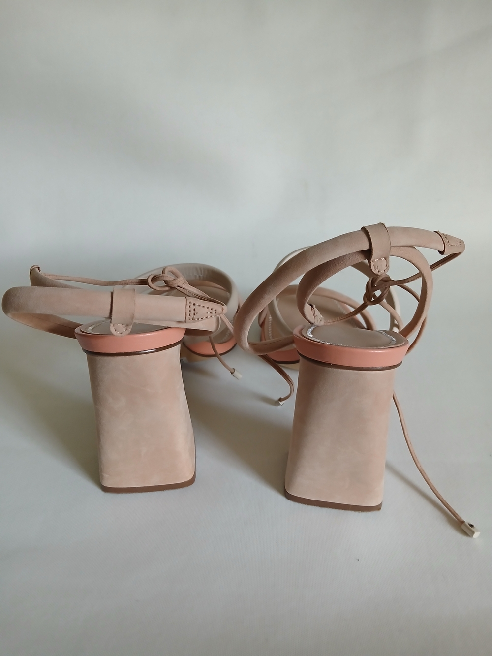 Arezzo Women's Two-Tone Block Heel Open Toe Shoes Sz8M in Nude & Ivory Ankle Tie - Picture 7 of 16